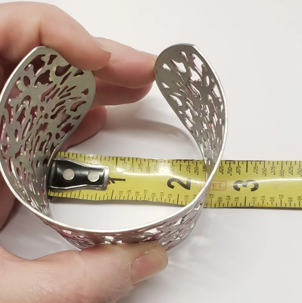 Hand Painted Abstract Pink & Silver Cuff Bracelet Filigree Statement Bracelet